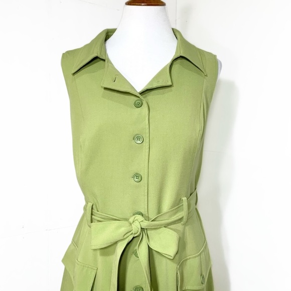 SOLD-Modcloth Buttondown Belted Olive Green Sleeveless Shirtdress - Picture 3 of 12
